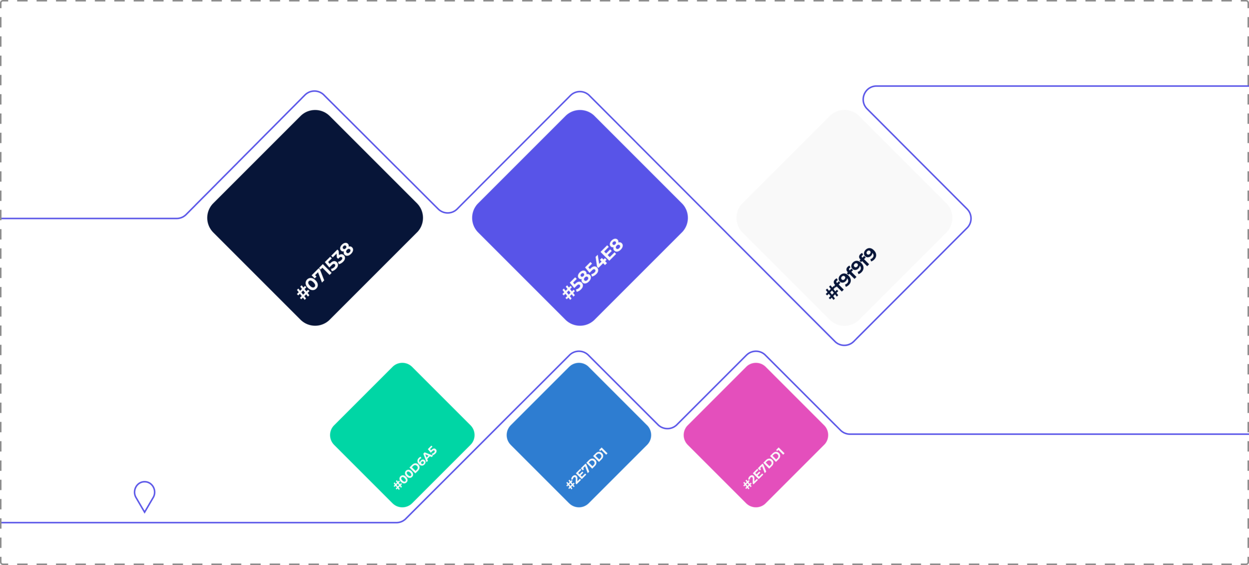 The palette: navy, violet, off-white, green, blue and pink
