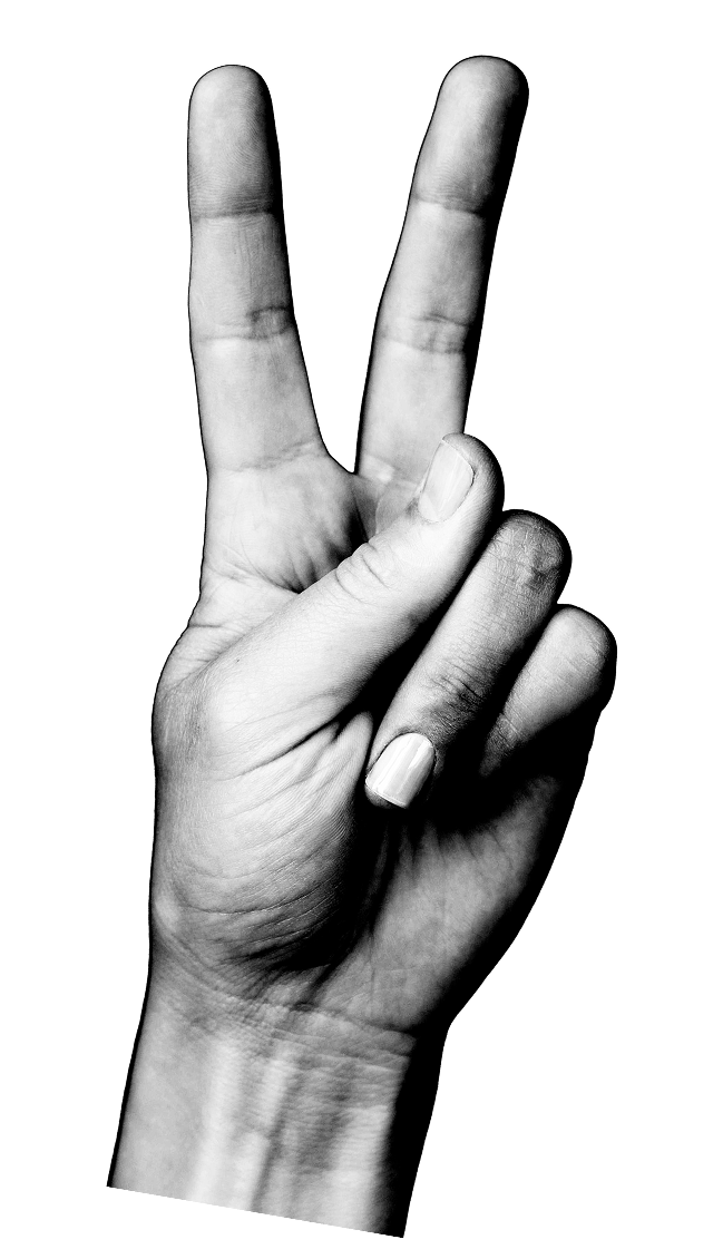 A hand making a peace sign