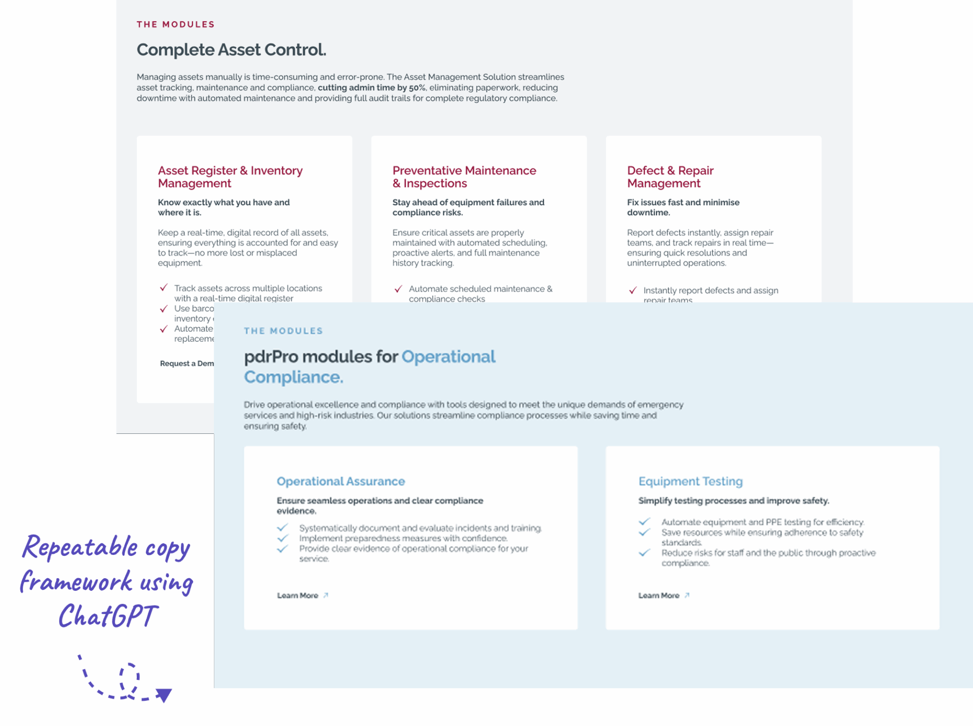 Two module blocks in different brand colours, built from the same copy framework