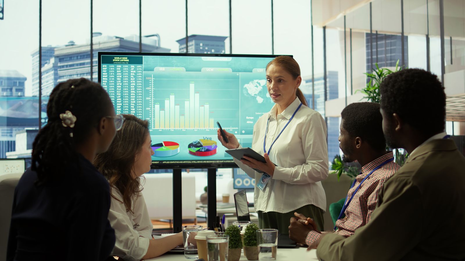 Leadership team discussing plans in front of a screen of charts