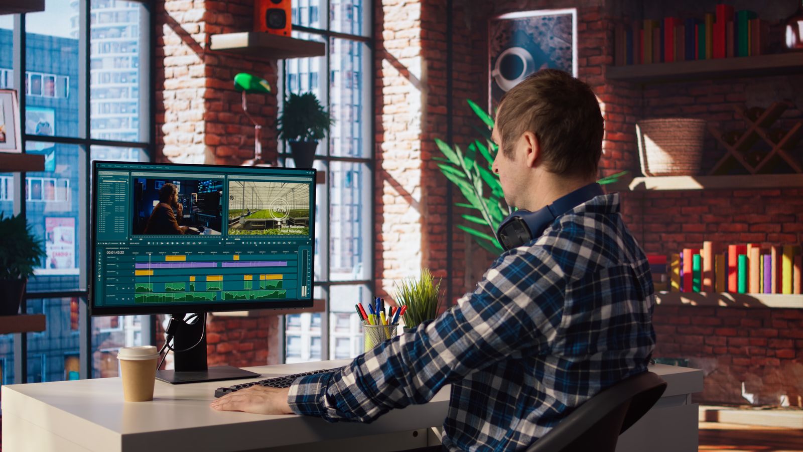 Designer editing animation on a large monitor