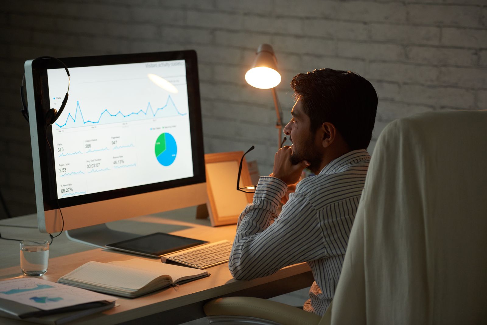 Man reviewing a website traffic chart on his monitor